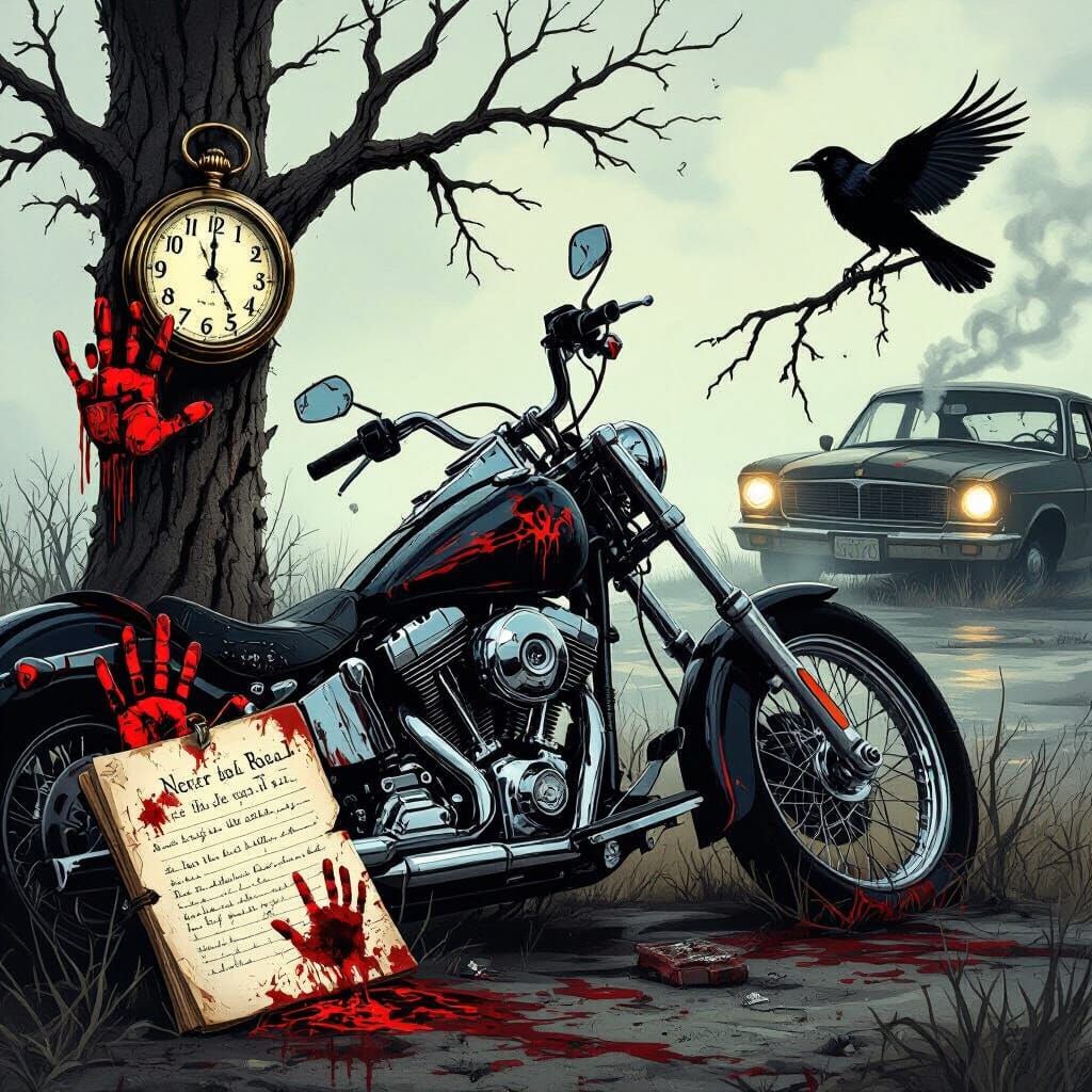 Eerie Motorcycle Horror Scene with Neon Accents