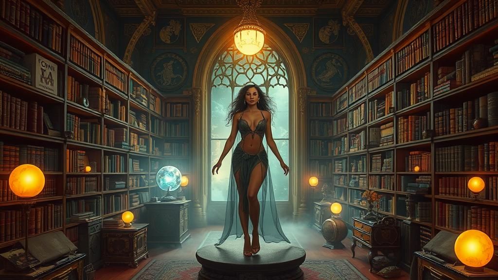 Mysterious Temptress in Mystical Library, Fantasy Sci-Fi