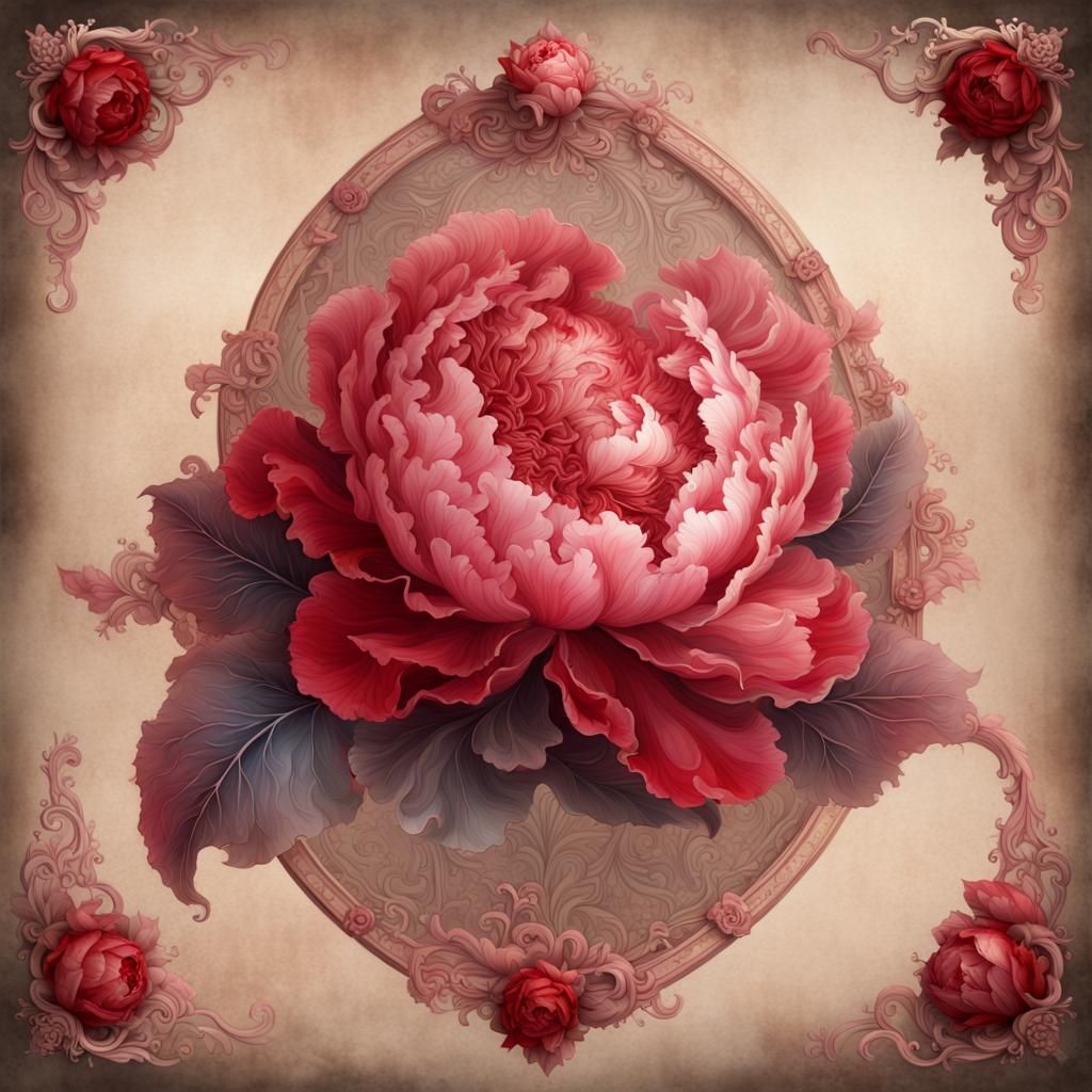 Vintage Watercolor Peonies with Rococo Frame