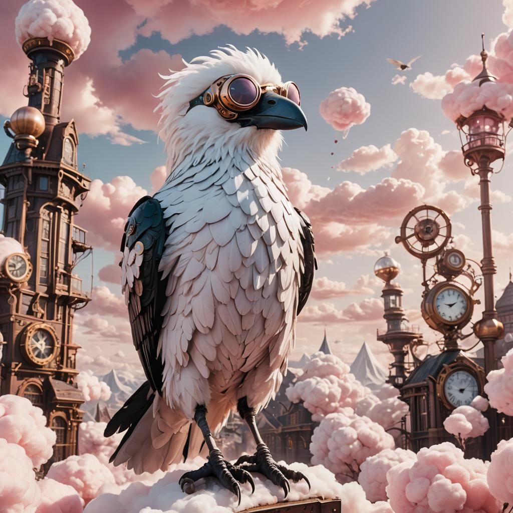 Steampunk Raven in Marshmallow Landscape, Hyperreal Art