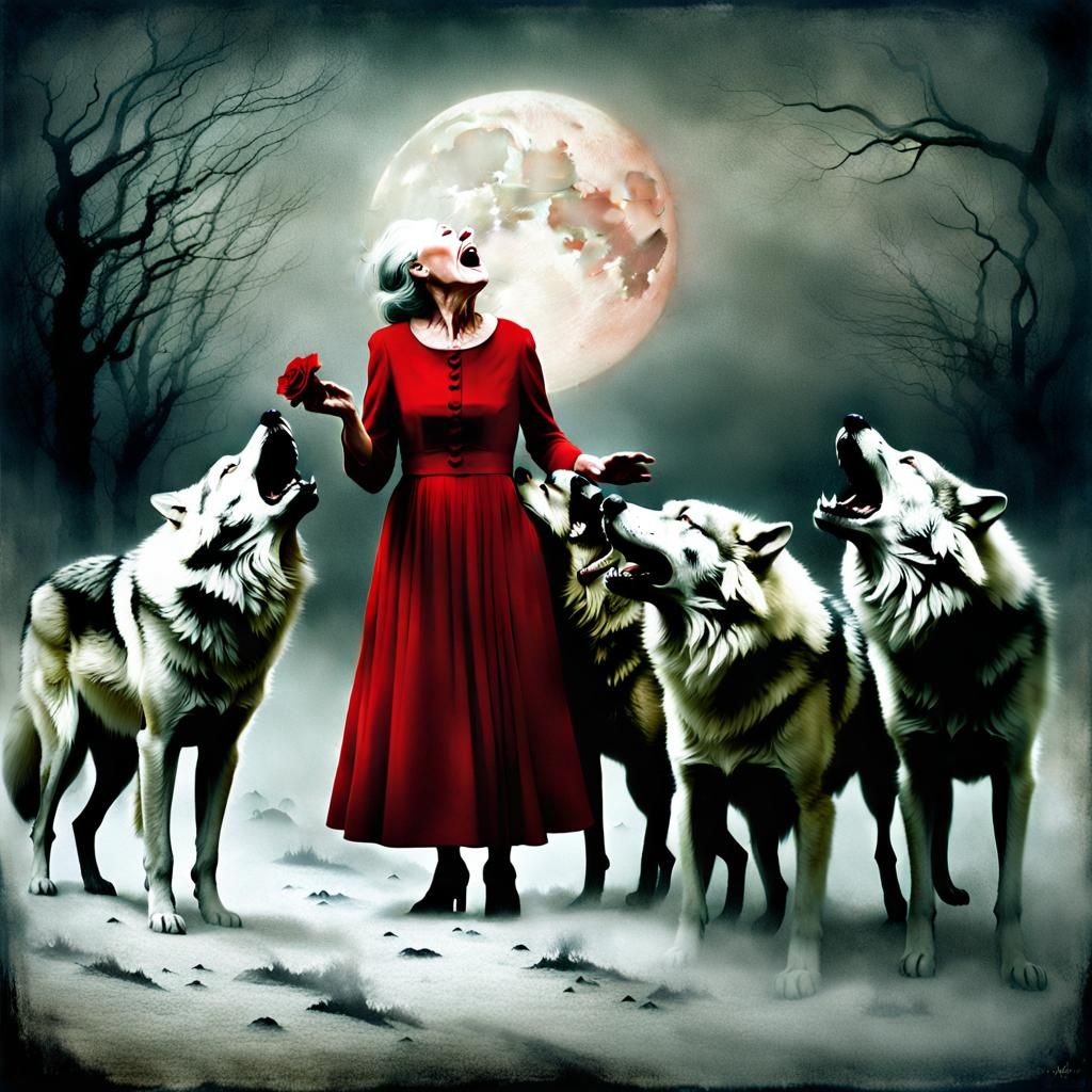 Eerie Surrealist Scene: Woman Howling at Moon
