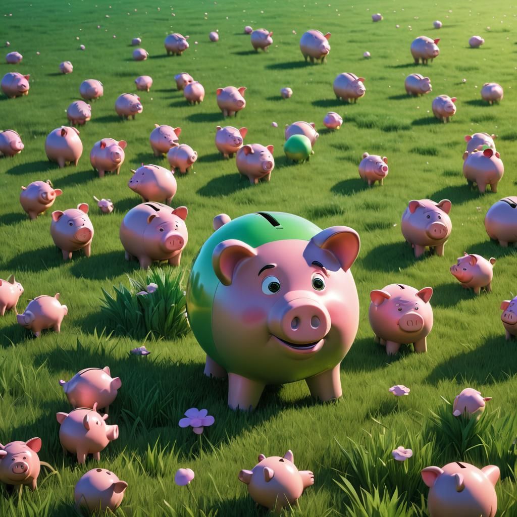 Giant Piggy Bank in Field: 3D Digital Art