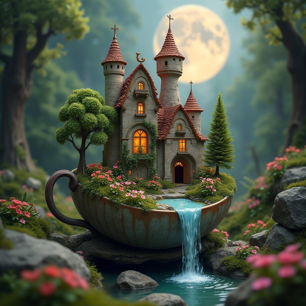 Fairytale Village in Teacup: Fantasy Digital Art