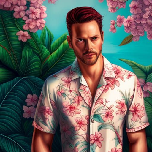 Handsome Man in Hawaii Wearing Cherry Blossom Aloha Shirt