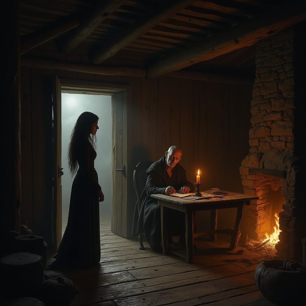 Medieval Woman Stepping into a Village House at Night, in a ...