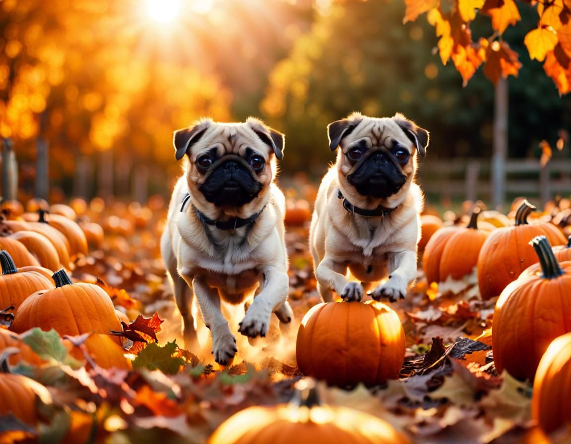 Pugs Play in Golden Autumn Pumpkin Patch