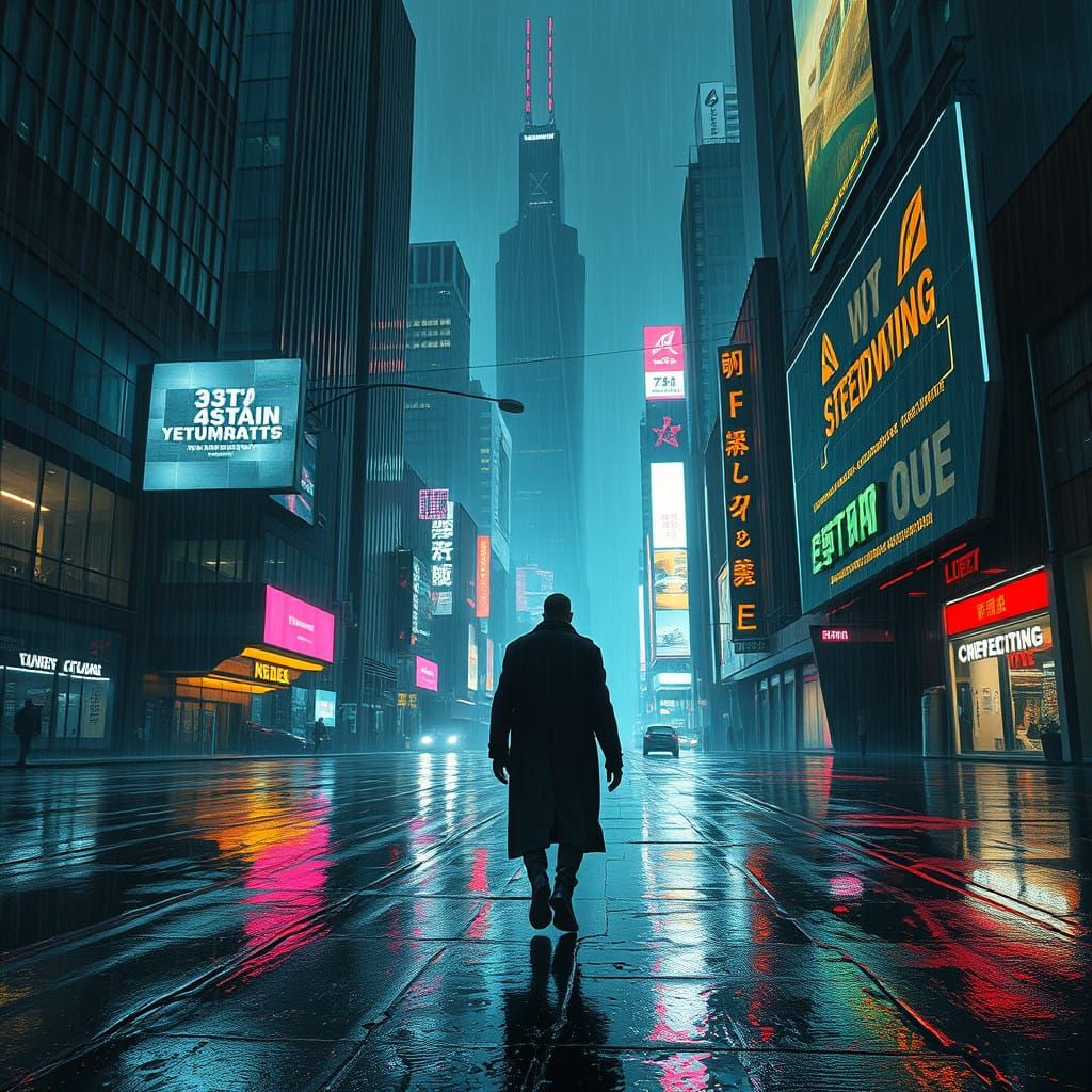 Holographic billboards in a futuristic cyberpunk city at night dystopian post-apocalyptic
