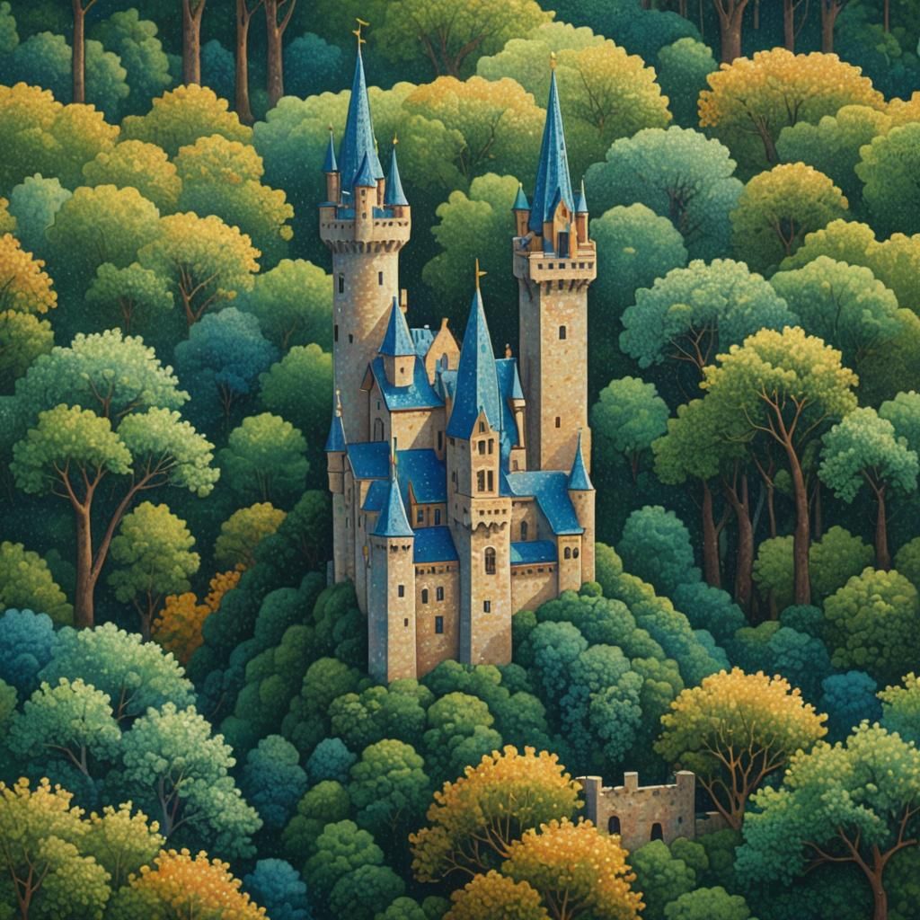 Dreamy Castle in Forest: Pointillist Oil Painting