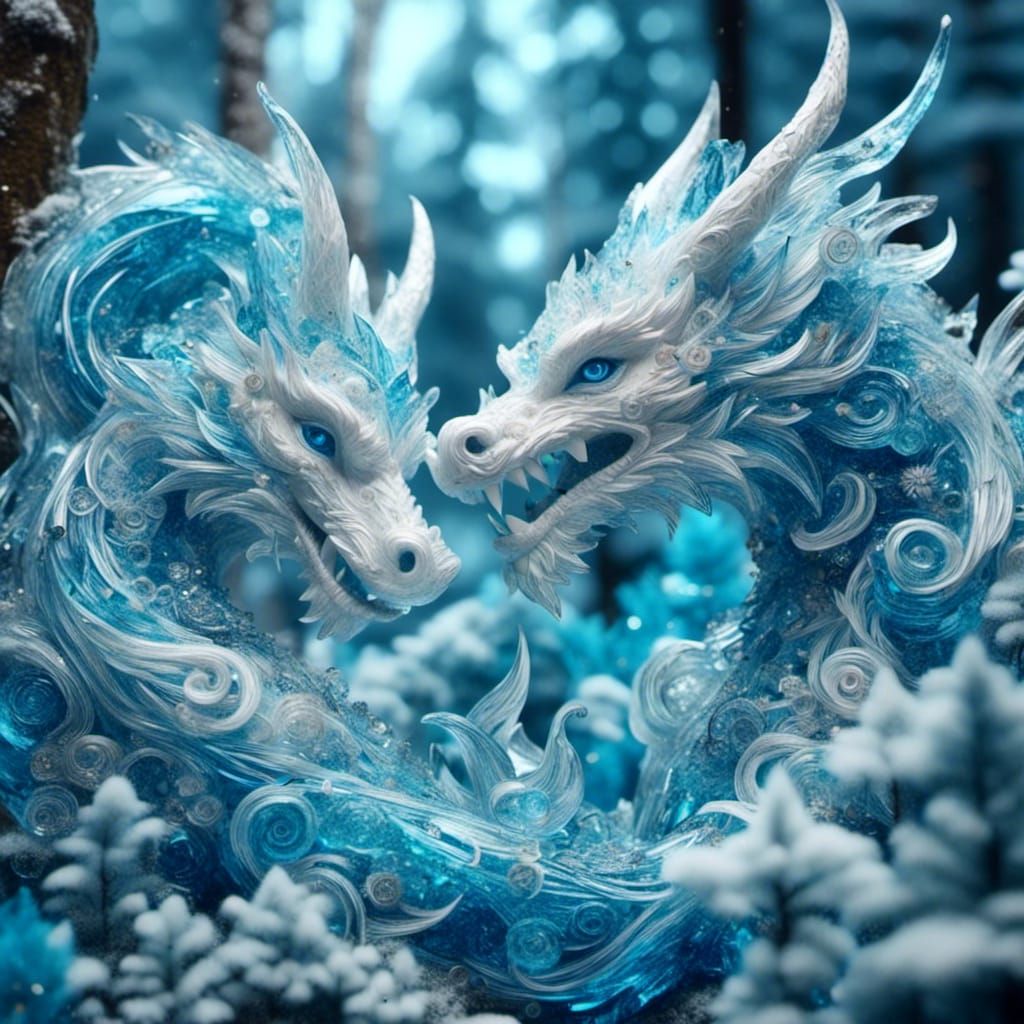 Blue and White Dragons in Astral Sky