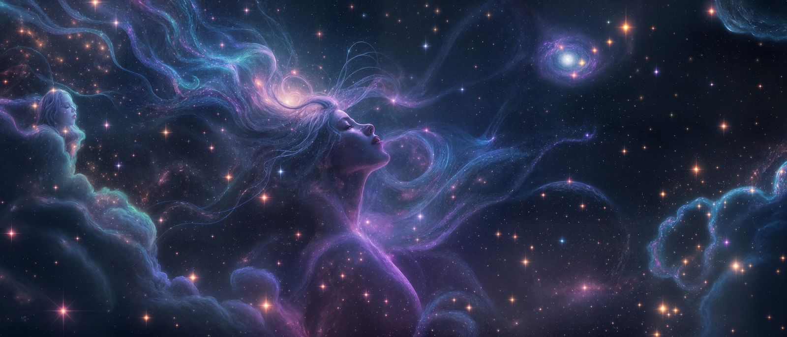 Ethereal Woman in Cosmic Dreamscape, Art Nouveau Style