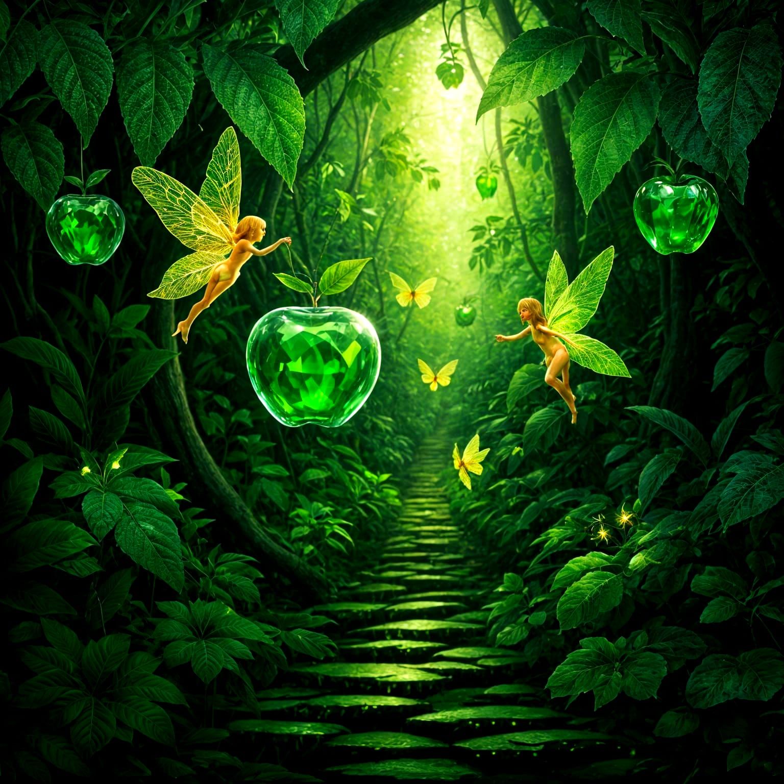 Emerald Crystal Jungle with Bioluminescent Fairies