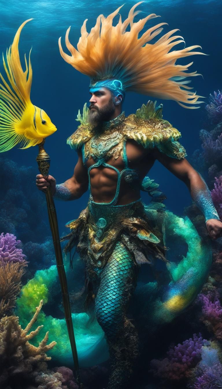 Bioluminescent Aquapunk Merman in Fantasy Reef
