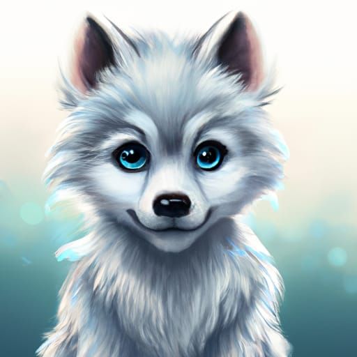 Adorable Ice Wolf Cub Portrait in Digital Illustration