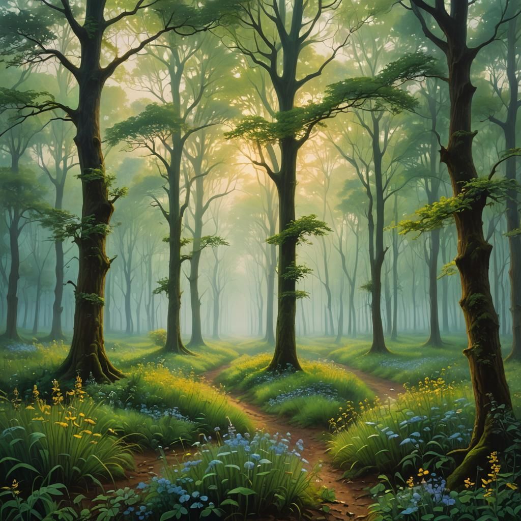 Misty Forest at Dawn in Surrealist Oil Painting Style