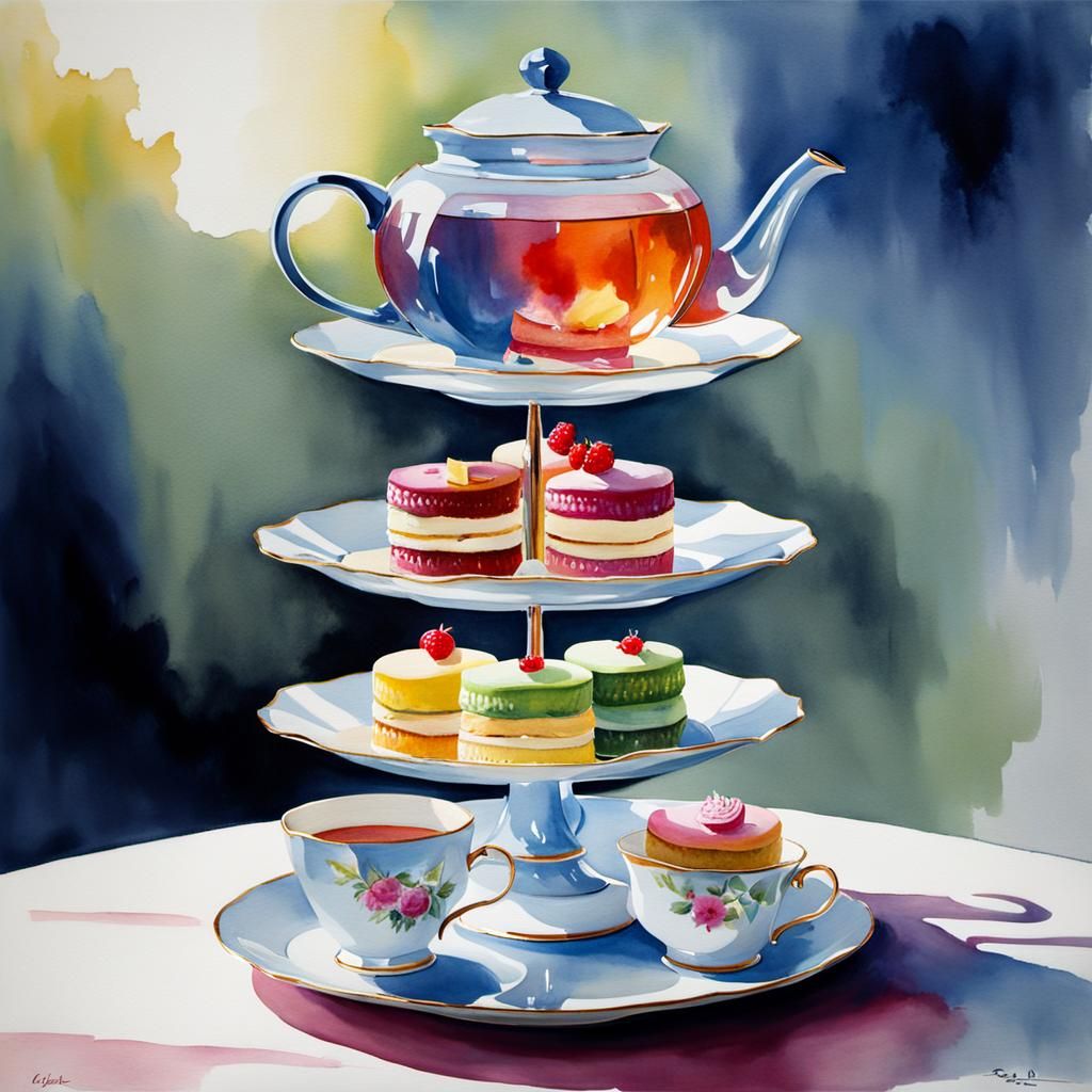 Vibrant Afternoon Tea Service in Watercolor Style