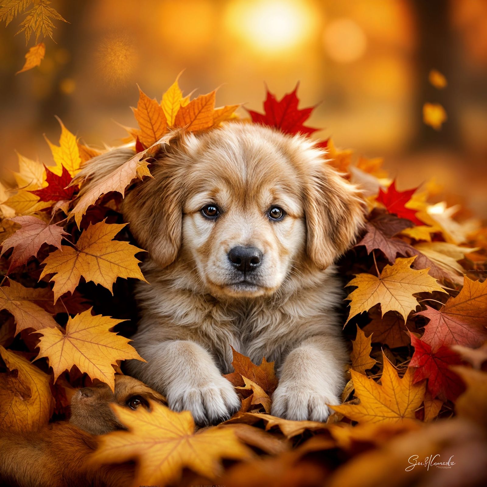 Golden Retriever Puppy in Autumn Leaves Oil Painting