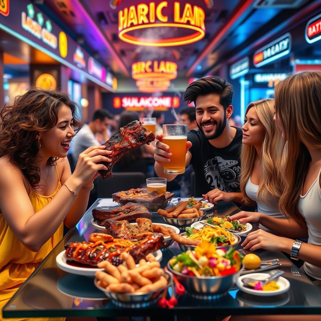 Young Couples Enjoy BBQ Ribs at Suntec City Restaurant