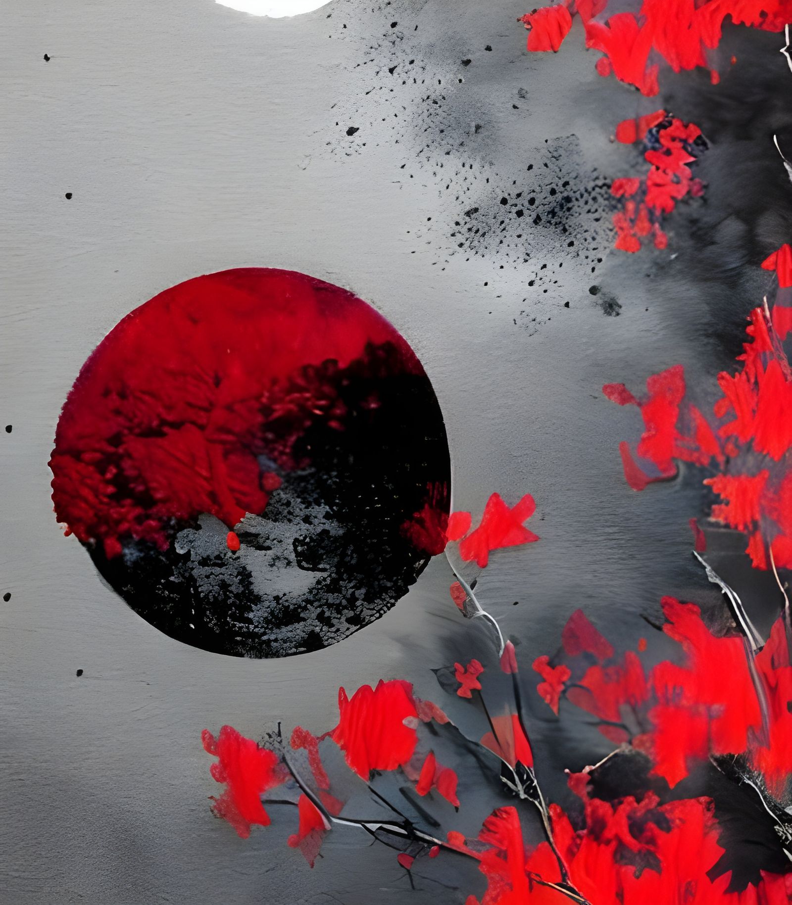 Red and Black Japanese Landscape in Hyperrealism
