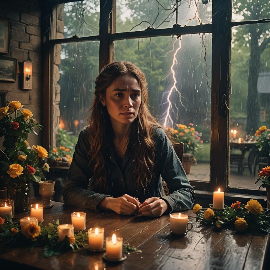 Melancholy Woman in Stormy Ambiance