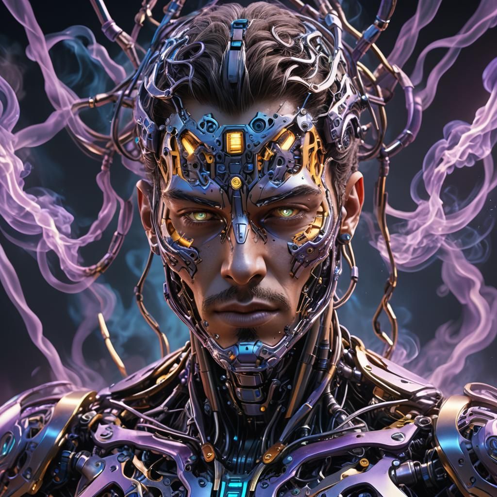 Cybernetic Portrait with Smoke Vortices in Digital Art