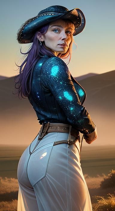 Futuristic Cowgirl in Translucent Chaps, Photorealistic Mosa...