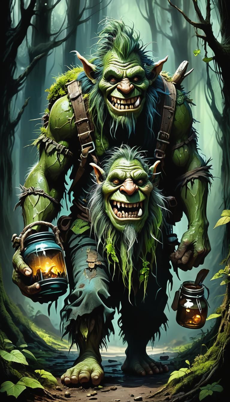 Pencil sketch artistic image of forest troll, with warts, ha...