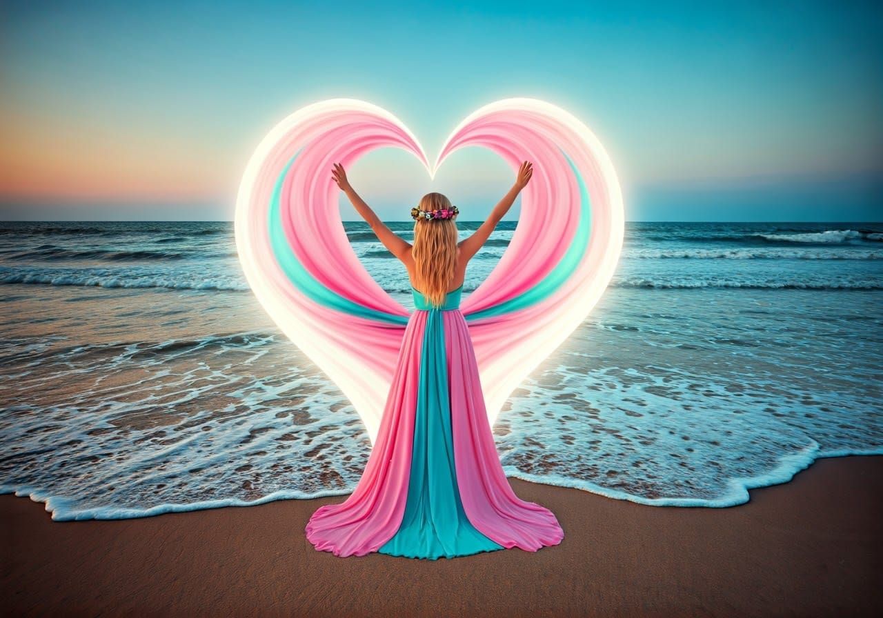 Dreamy Mermaid in Heart-Shaped Gown on Sandy Beach