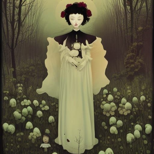 Sinister Porcelain Doll with Black Roses in Oil