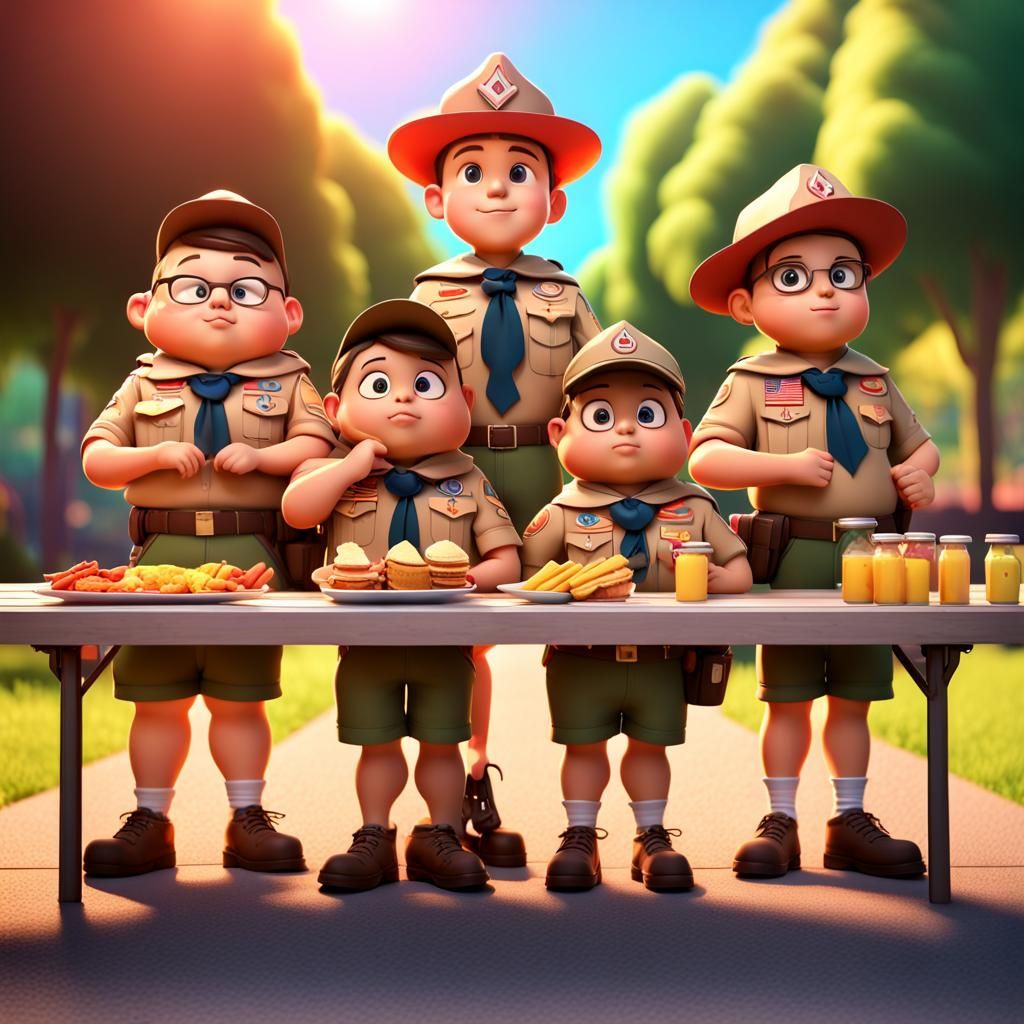 Line of chubby Boy Scouts standing at attention in front of a picnic table loaded with snacks, Pixar, Disney, concept a...