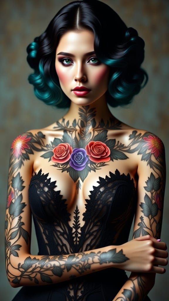 Lace Tattooed Bride in Elegant Black Wedding Dress