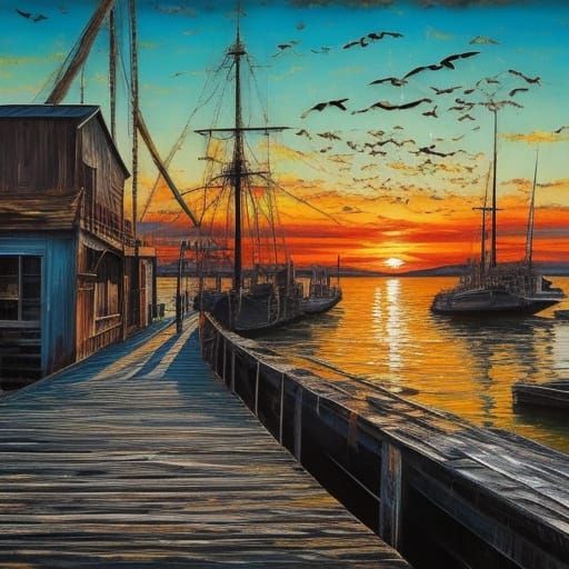 Sunrise Dockside Oil Painting of Shrimp Boats