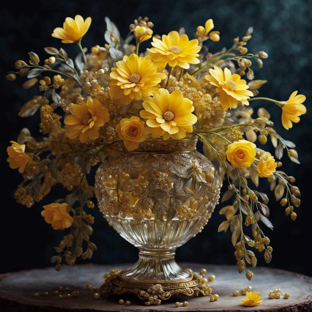 Stunning Ornate Vase with Yellow Flowers and Jewels