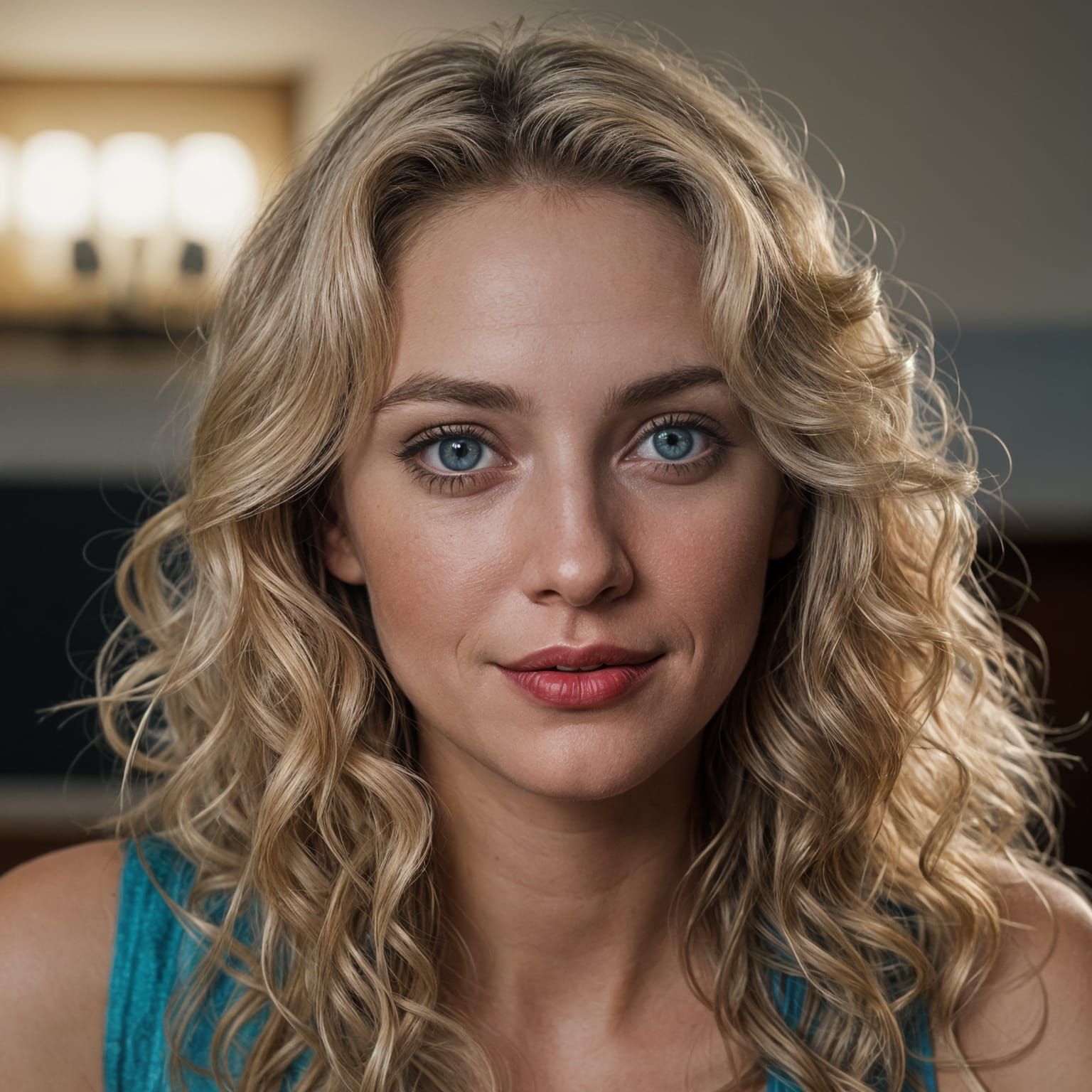 Blonde Woman with Blue Eyes Smiling in Cinematic Style
