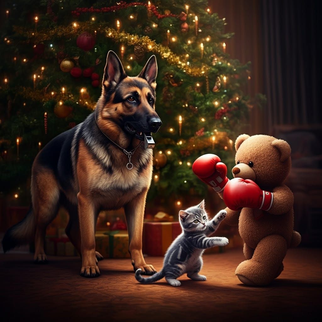 German Shepherd Referee Under Christmas Tree Boxing Match