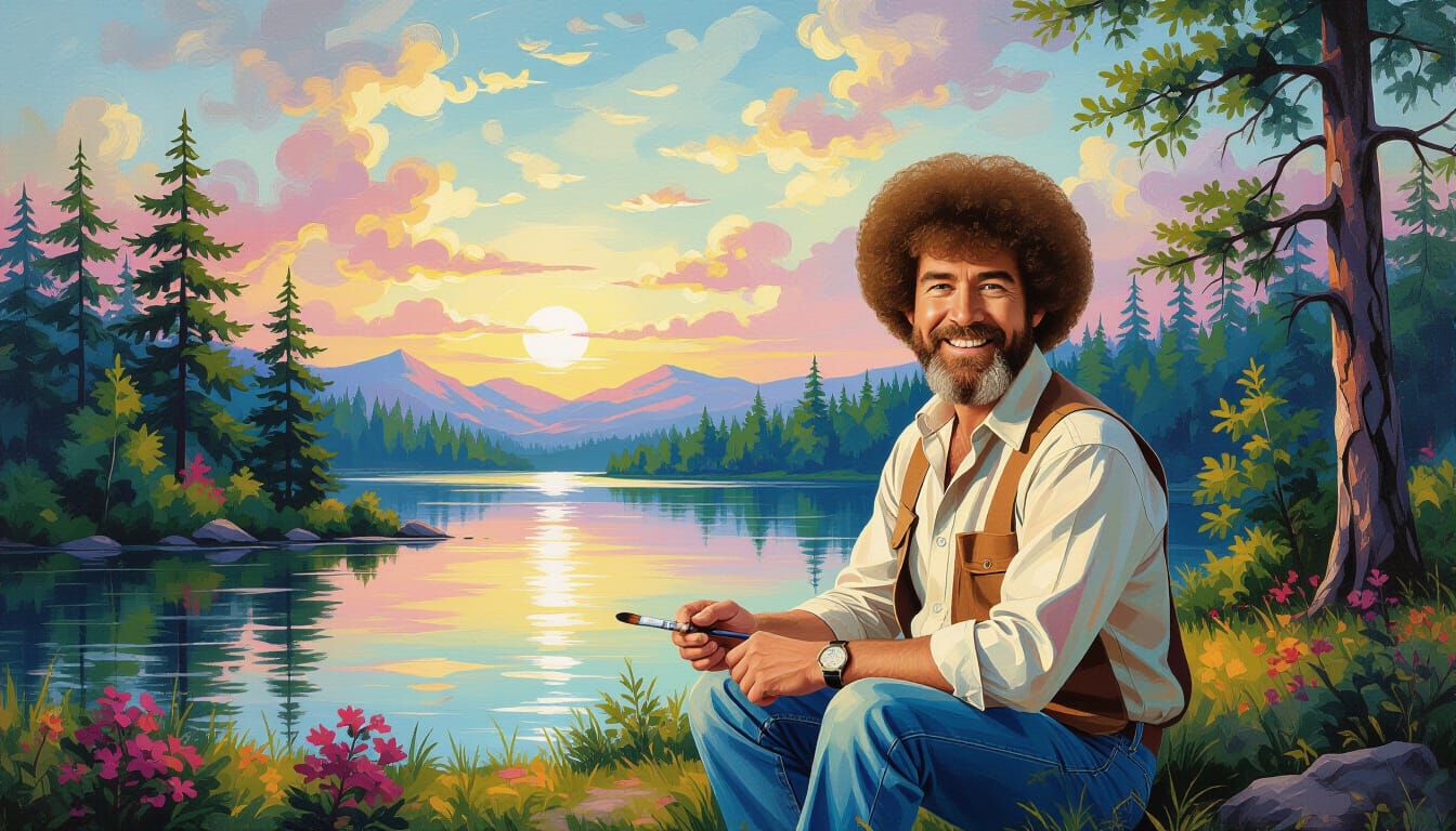 Happy Landscape Painting with Vibrant Skies and Trees