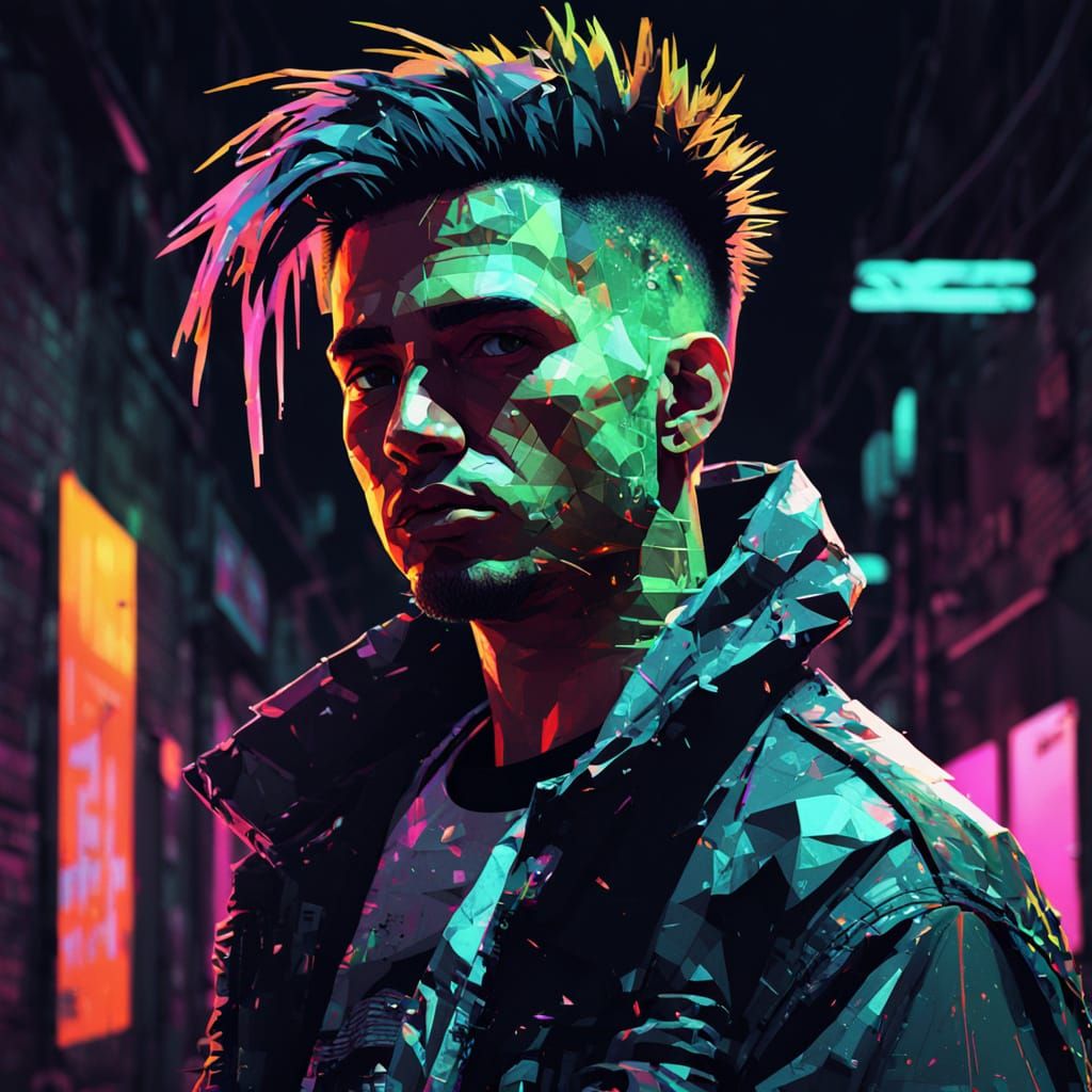 Gritty Low-Poly Punk Portrait in Pixel Art Style
