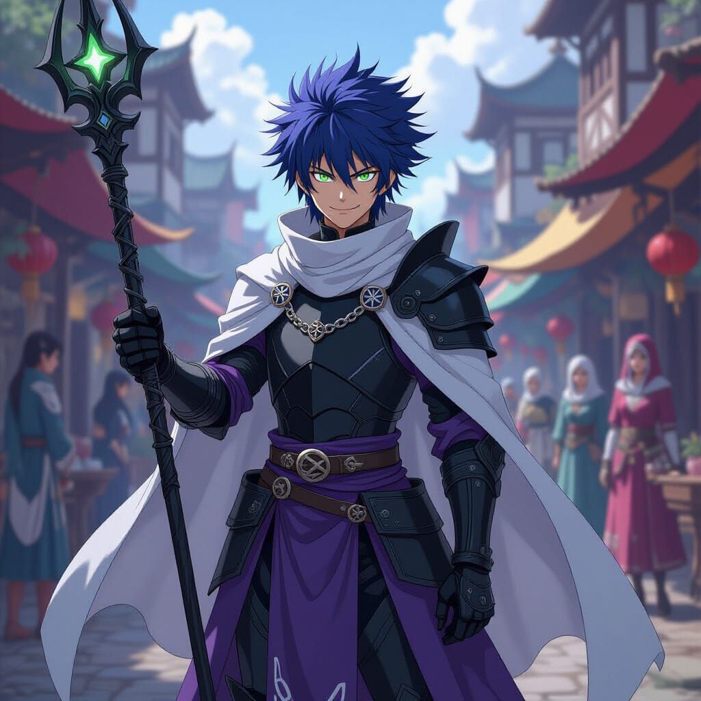 Anime-Style Warrior in Fantasy Medieval Market