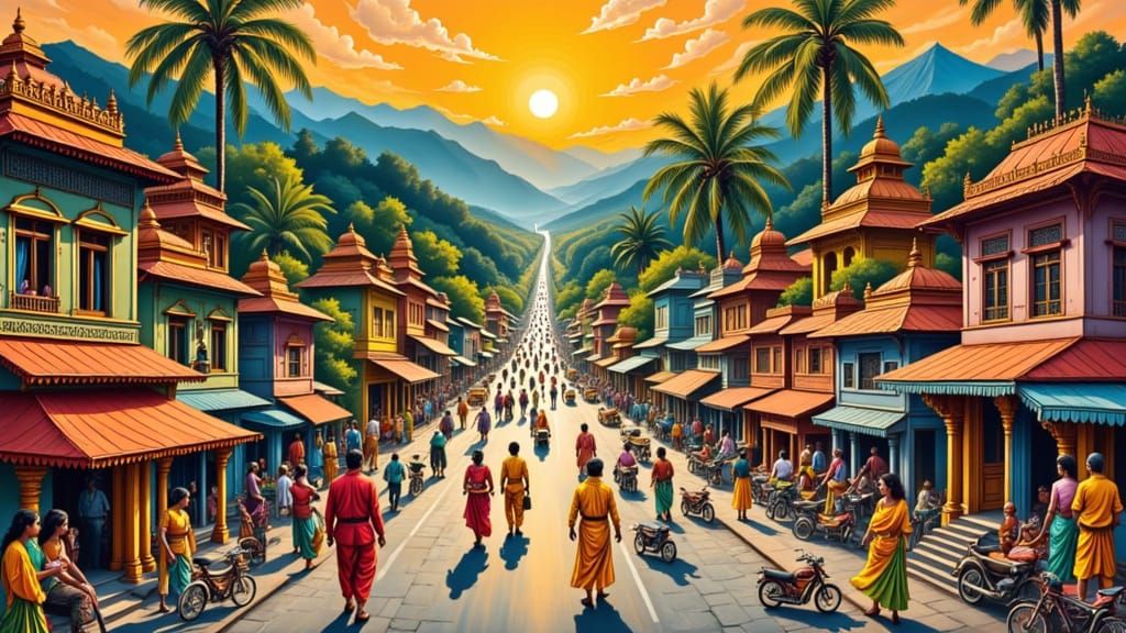 Vibrant Indian Streets in Traditional Folk Art Style