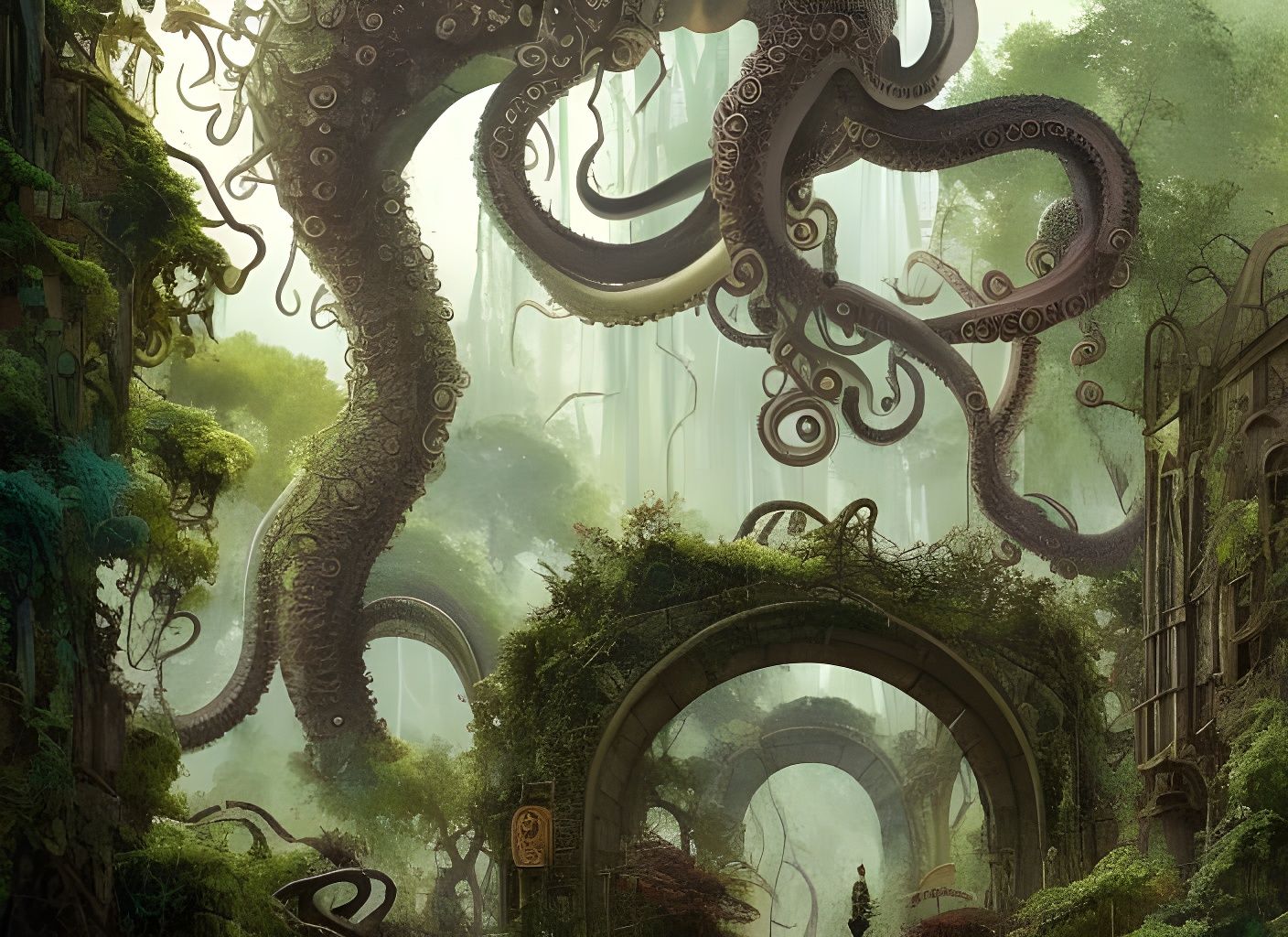 Lush Ruins with Tentacled Statues in Watercolor
