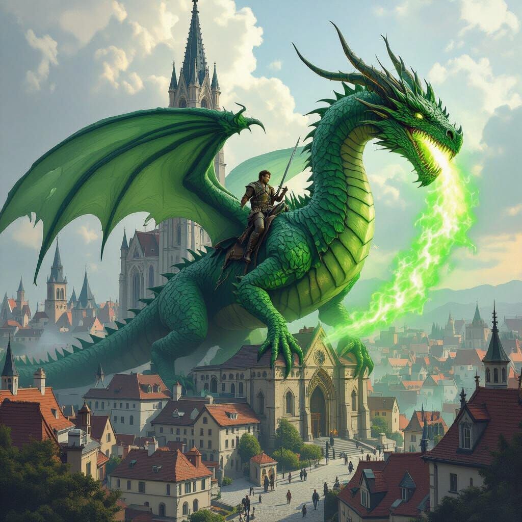 Green Bone Dragon Breathes Fire Over City with Rider