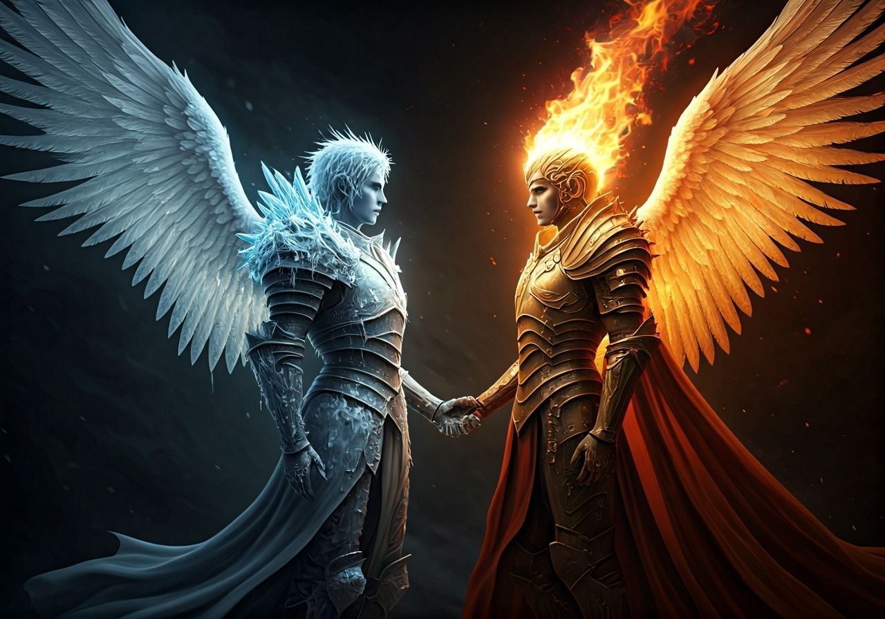 Angels of Ice and Fire in Hyperrealistic Style