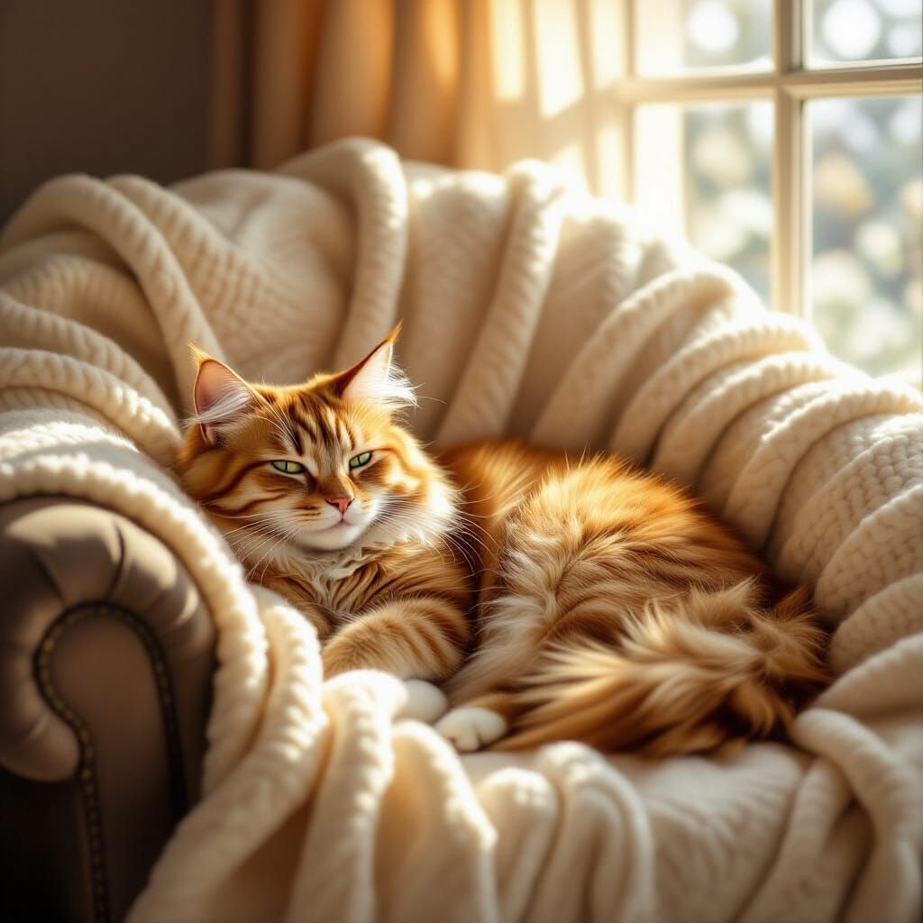 Cozy Ginger Cat Napping in Sunlit Armchair