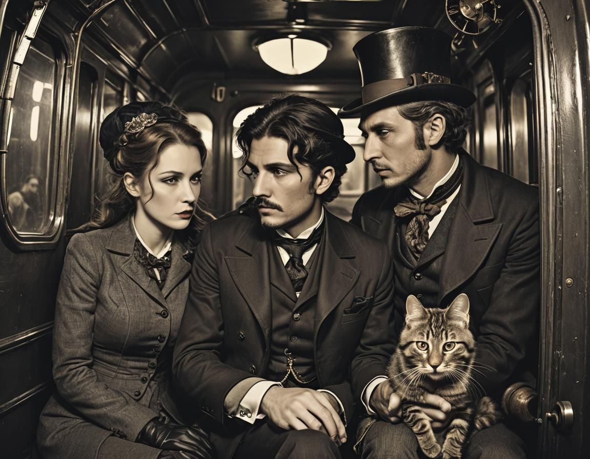 Steampunk Tension: Intense Train Conversation in Dim Light