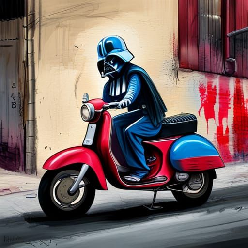 Darth Vader on Moped in Graffiti Street Art