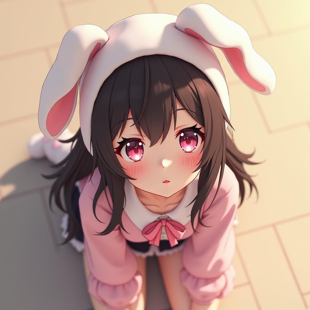 Adorable Anime Girl with Bunny Hat, Digital Art