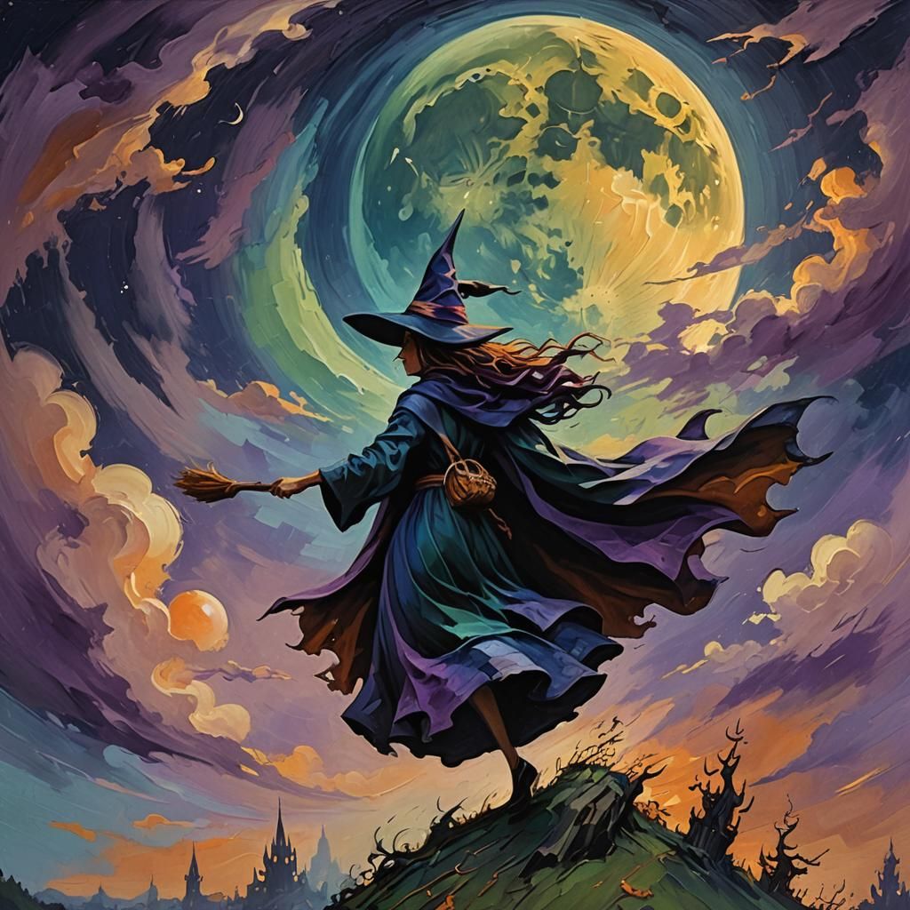 Witch Silhouetted Against Moon: Impasto Oil Painting