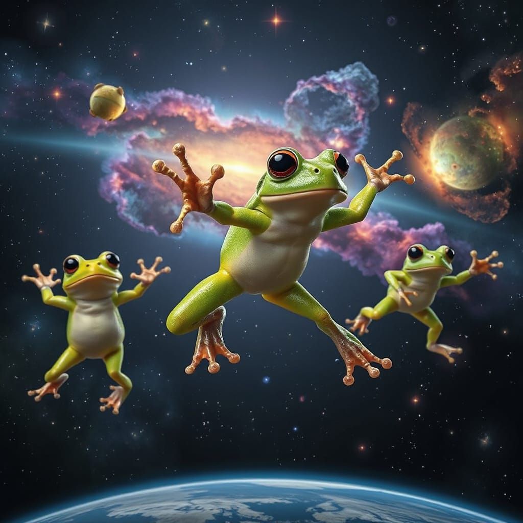 Vibrant Green Frogs Dancing Among Celestial Bodies