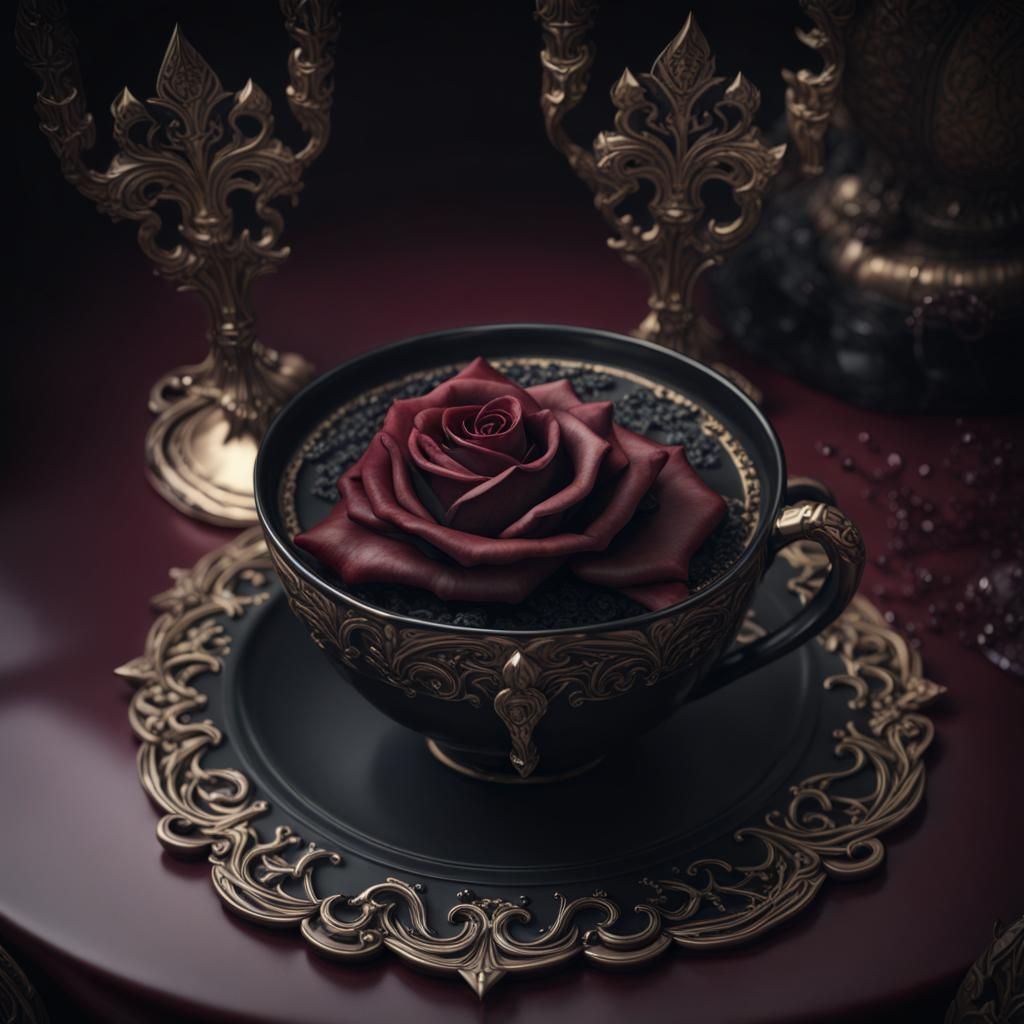 Gothic Teacup with Black Roses, Detailed Matte Painting