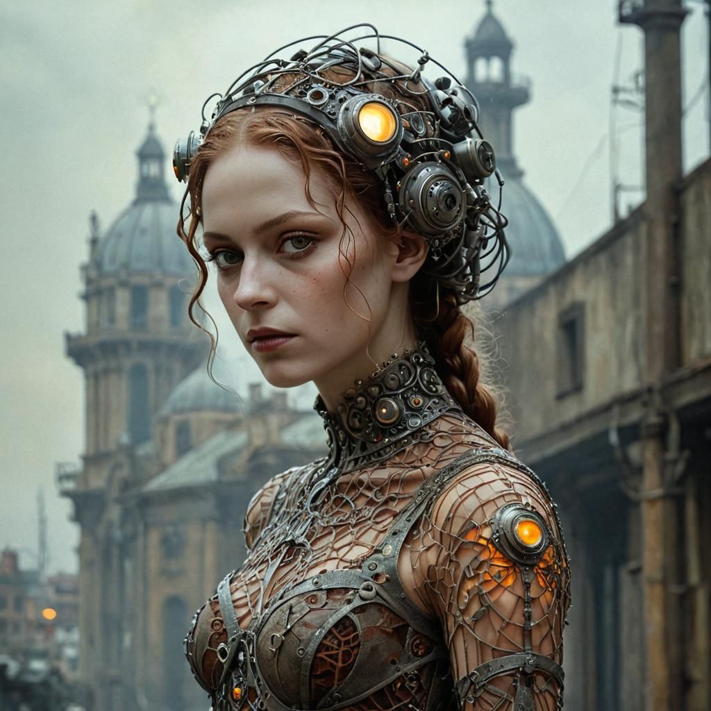Android Woman in Dystopian Factory: Biopunk Digital Art