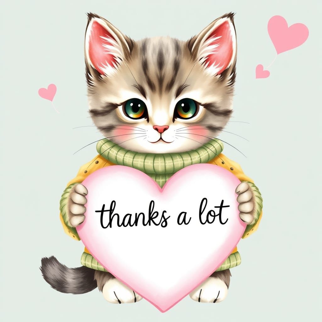 Kitten Holds Heart Sign in Watercolor Illustration Style